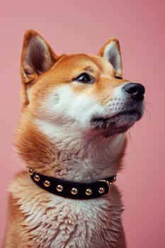 A studio photo of a Shiba Inu against a pink background