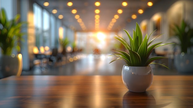 A potted plant placed on a wooden table in a vacant office. photo