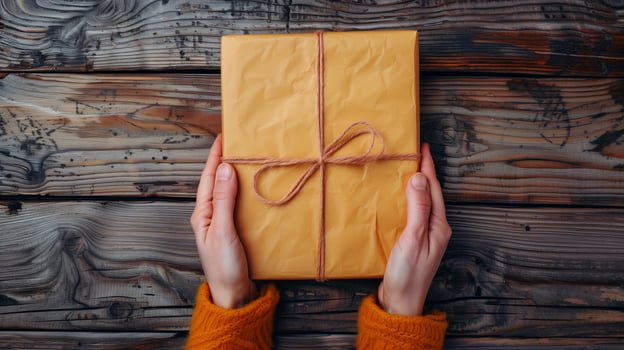 Hands Holding a Wrapped Gift on Wood photo