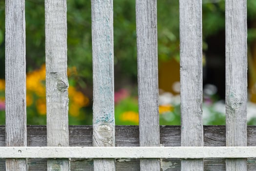 Fragment of a wooden fence painted white a background of garden in bokeh photo