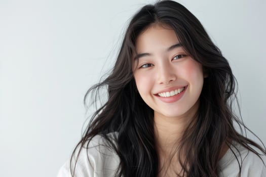 Asian woman with long hair is smiling and looking at the camera photo