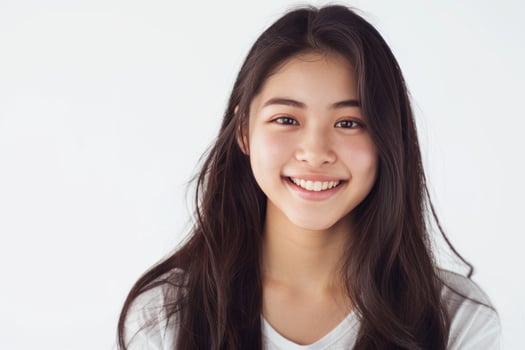 Asian woman with long hair is smiling and looking at the camera photo