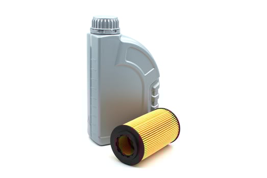 Motor oil container and filters over white background photo