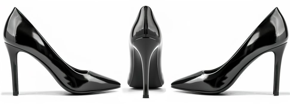 Sleek black high heels with glossy leather finish, perfect for elegant evening wear, presented in front and side views, ready for high-end fashion showcases. photo