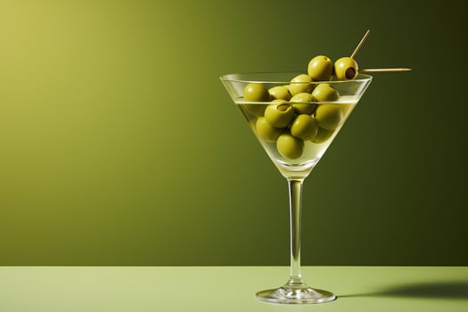 Martini with green olives on a green background photo