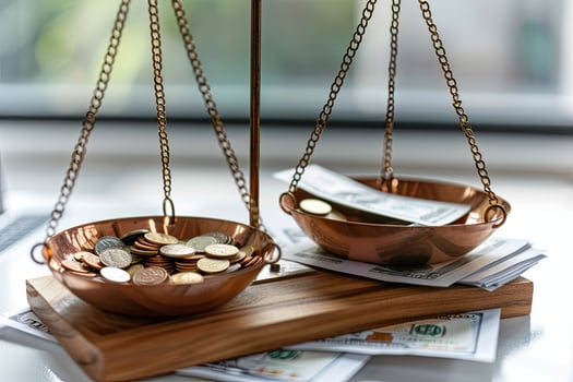 Financial concept. Balance scale with stacks of coins on one bowl and dollar bills on the other. Saving, reasonable distribution of money photo