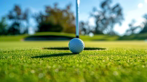 Golf ball on green grass with a hole in the middle photo