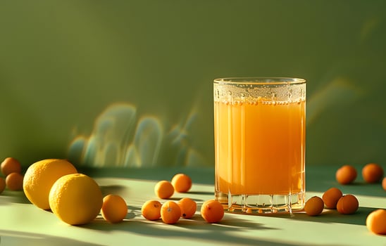 Background with Orange Juice in Glass. Frame of Fresh Juice with Copy Space. Mockup for Fresh Summer Drink, Card, Side View. photo