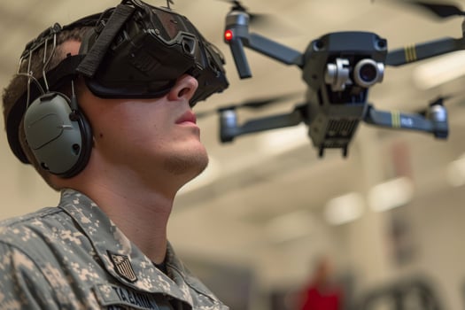 Drone operator using military drone on battlefield photo