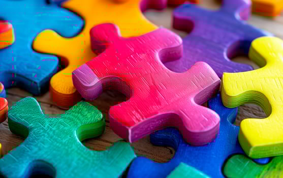 Multi colored jigsaw puzzle header background. Creativity and intelligence concept. Wallpaper for school activities. photo