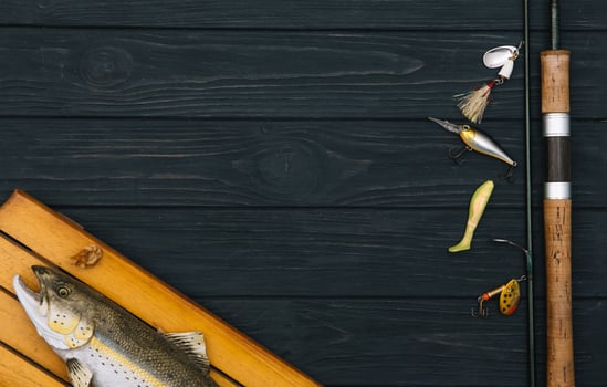 Fishing tackle - fishing spinning, hooks and lures on darken wooden background. Top view. photo