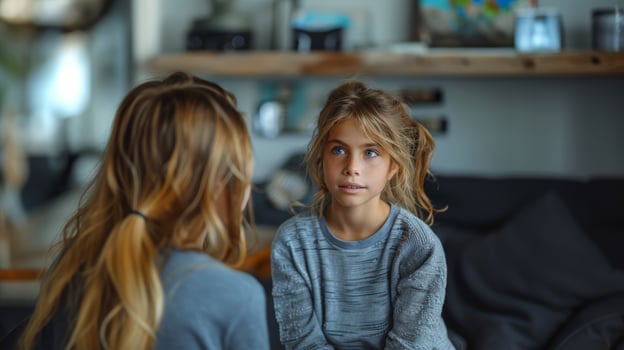 Young Female Psychologist Talking to a Concerned Young Girl in a Cozy Office Environment photo