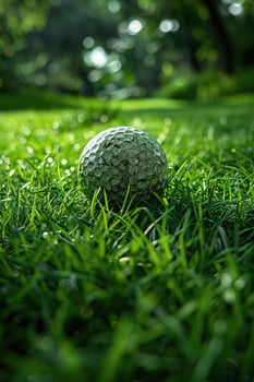 A golf ball sits on the green grass of a golf course. photo