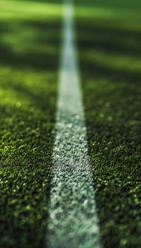 Close up of white line marking on green turf of soccer field photo