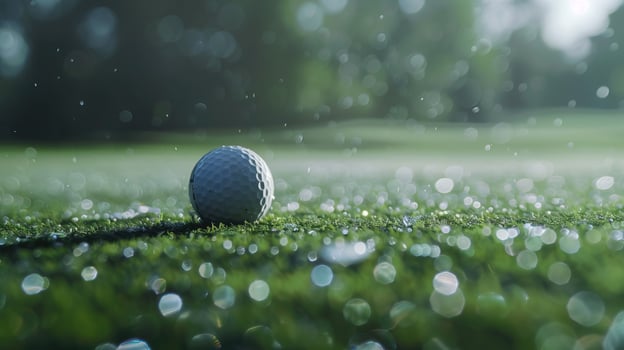 Macro shot of a golf ball sitting on the green in the rain. photo