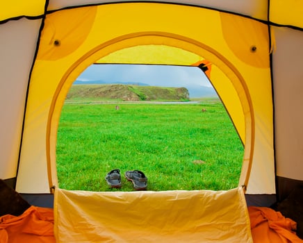 Kind from tent on lawn with green grass photo
