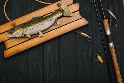 Fishing tackle - fishing spinning, hooks and lures on darken wooden background. Top view photo