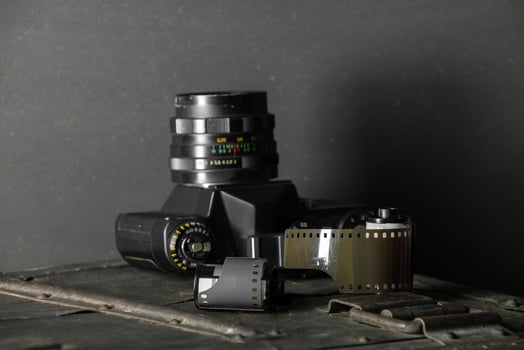 Old retro camera and 35 mm photo