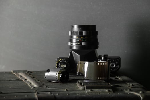 Old retro camera and 35 mm photo
