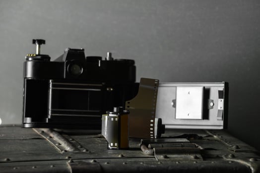Old retro camera and 35 mm photo