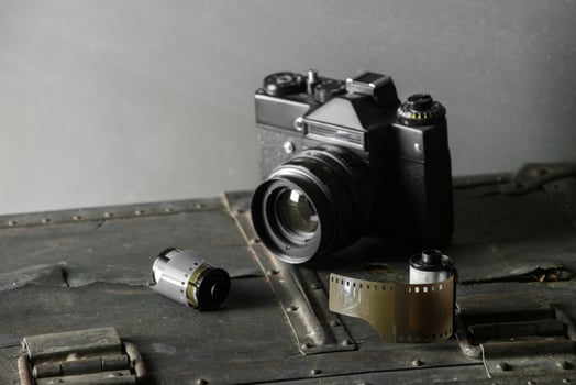 Old retro camera and 35 mm photo