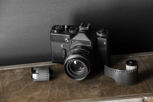 Old retro camera and 35 mm photo