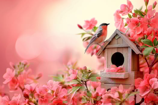Birdhouse with a small beautiful bird among pink flowers. Spring bird photo