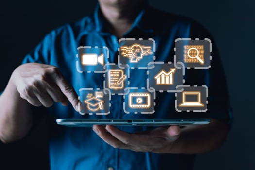 Man holding tablet and diagram with icons, Marketers education, research, analyze media streaming content creation and online marketing strategies to grow their digital business. photo