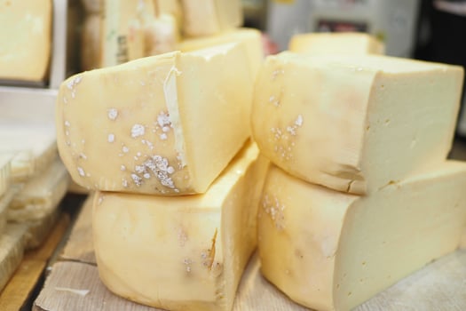 many type of cheeses on shop window photo