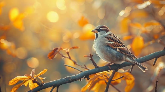 a cute sparrow perching on a branch in autumn forest photo