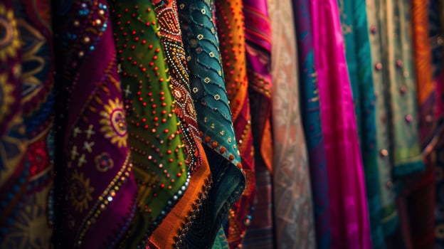 a row of colorful fabrics with a beaded pattern photo
