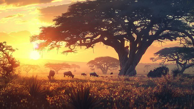 africa savannah at sunset animals graze ancient photo