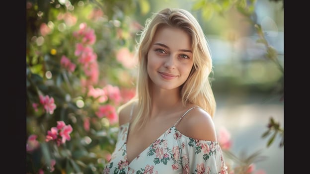 beautiful blond woman in a floral dress smiling photo
