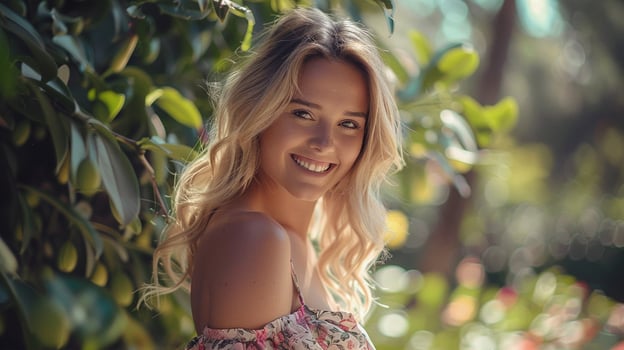 beautiful blond woman in a floral dress smiling photo