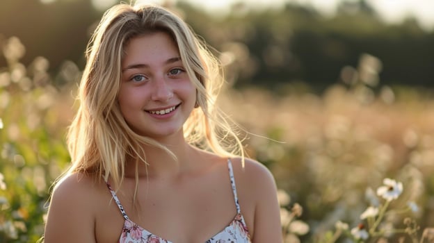 beautiful blond woman in a floral dress smiling photo