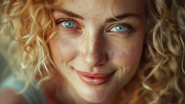 beautiful blond woman with curly hair looking photo