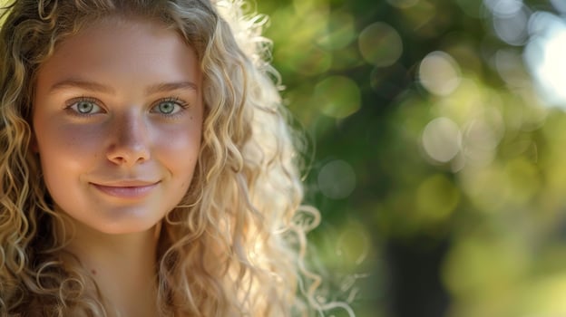 beautiful blond woman with curly hair looking photo