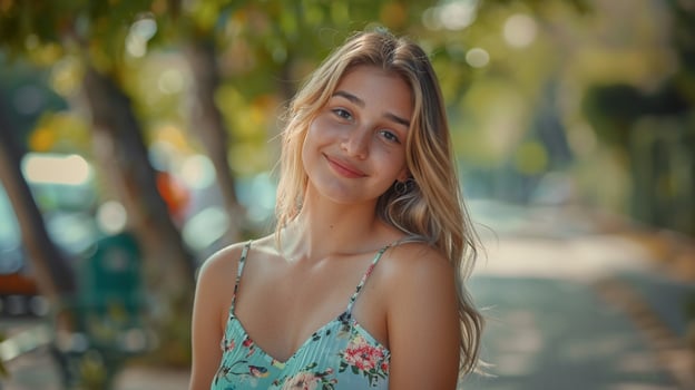 beautiful young woman in a summer dress smiling photo
