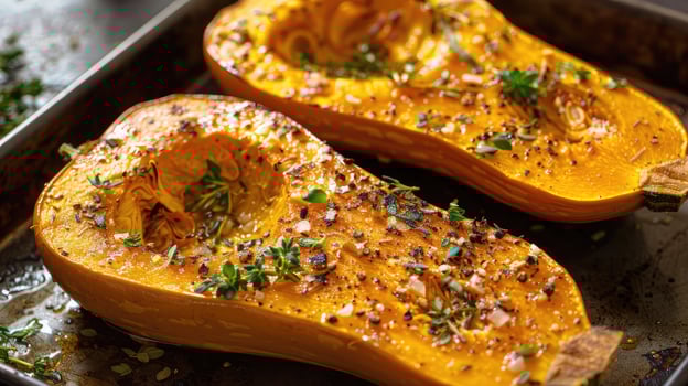 Roasted butternut squash halves. Close-up culinary photography photo