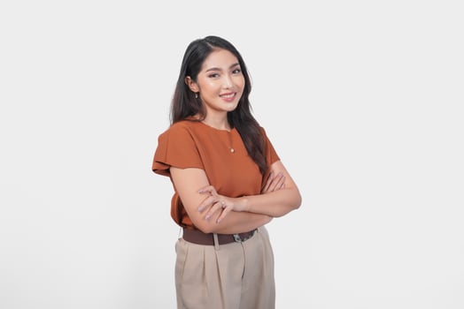Smiling Asian woman in brown t-shirt standing with confidence expression and looking at the camera isolated over white background. photo