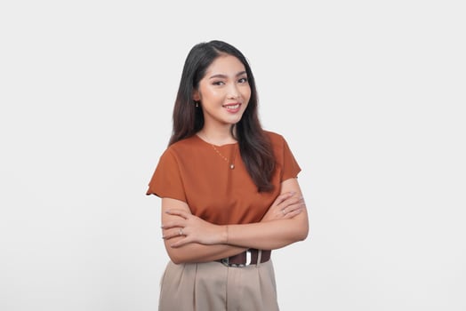 Smiling Asian woman in brown t-shirt standing with confidence expression and looking at the camera isolated over white background. photo