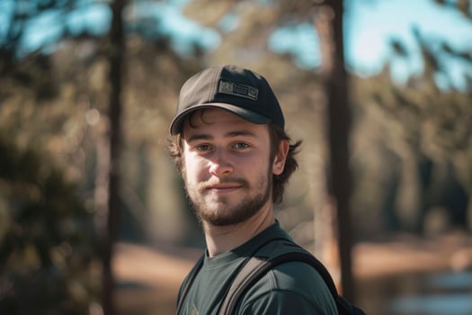 Casual young man outdoors with a relaxed smile and natural backdrop. AI-generated photo