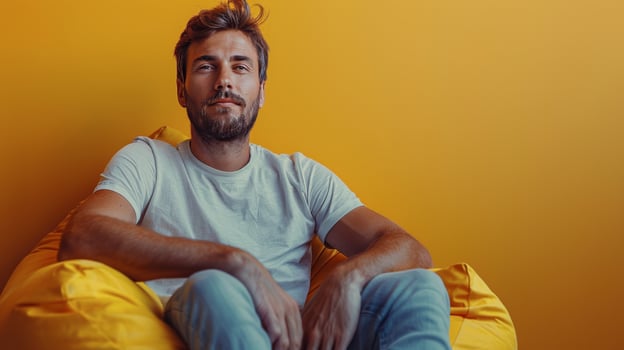 Man With Curly Hair Sitting in Front of Yellow Wall photo