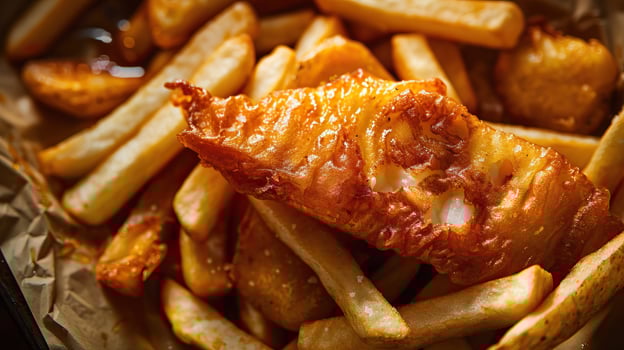 A close up of a plate of fish and chips. photo