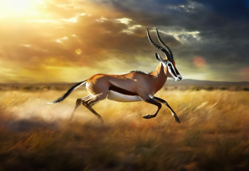 Antelope running in the savannah plains at sunset, antelope in motion photo