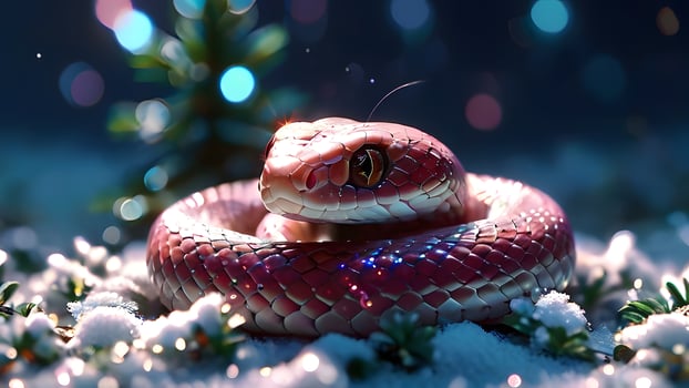 beautiful snake on winter background of snow, fir branches and Christmas blurred lights. Chinese New Year celebration and symbol lunar year 2025. New Year's Eve according to the Eastern horoscope photo