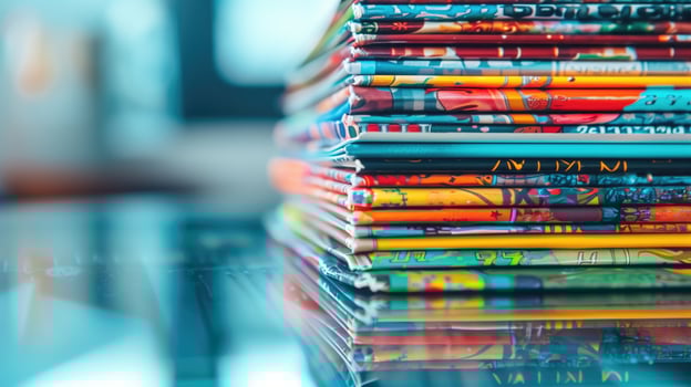 Macro shot of a vibrant stack of notebooks with artistic covers photo