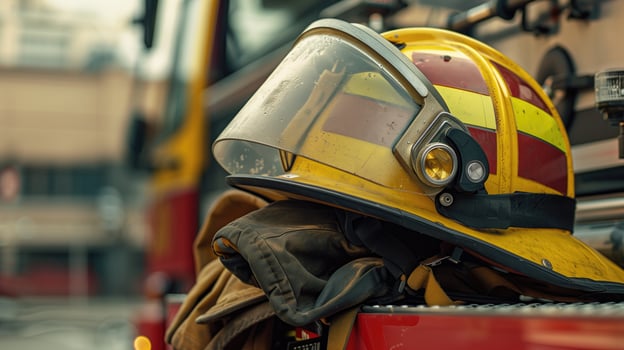 Close-up of a firefighter's yellow helmet with visor and headlamp, placed on gloves photo