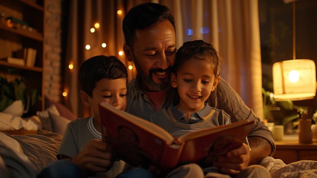 World Father's Day concept. Dad reading fairy tales to his children. Bonding relationship photo