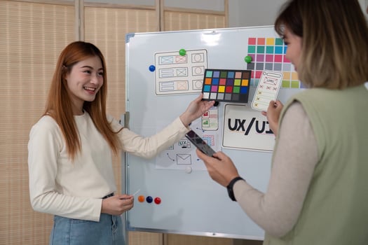 ux developer and ui designer presenting mobile app interface design on whiteboard in meeting at office. Creative digital development mobile app agency. digital transformation photo